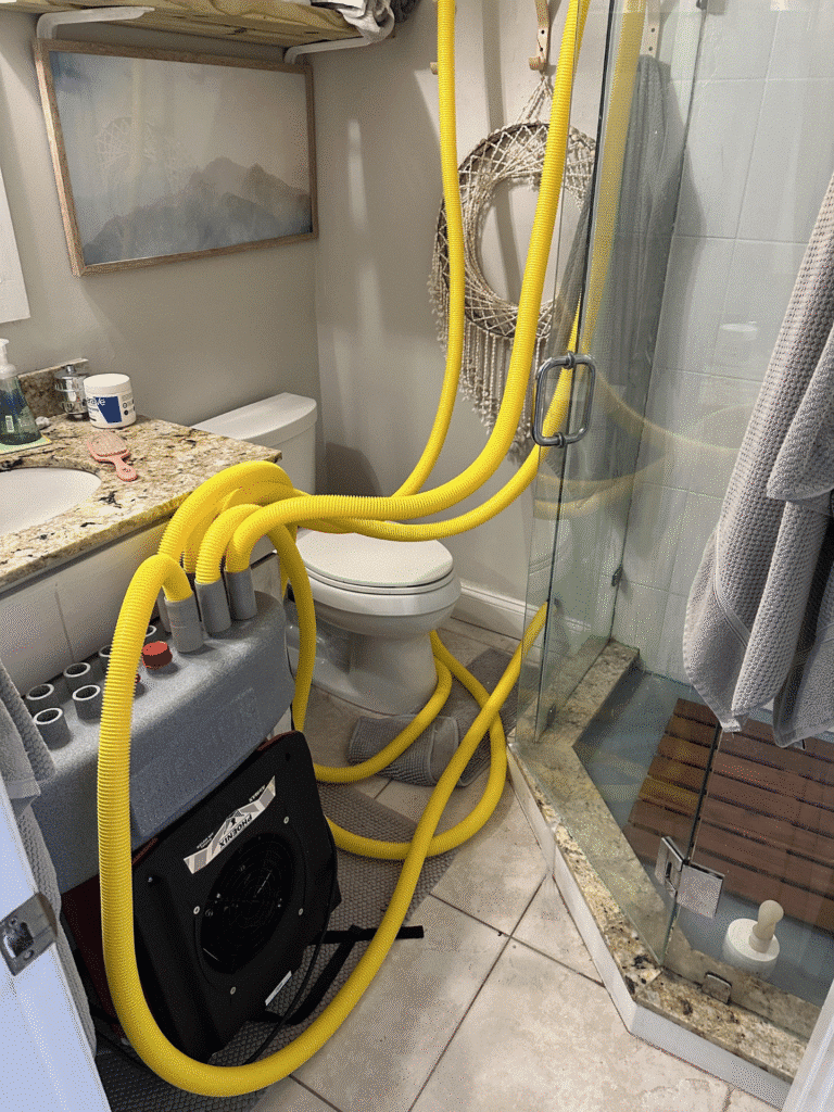 Water Damage Drying Equipment placed in Bathroom.